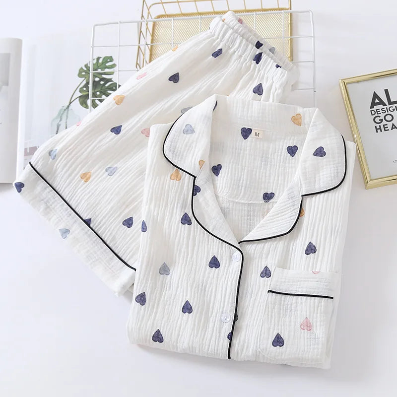 Japanese Summer New Ladies Cotton Gauze Short Sleeve Shorts Pajamas Suit Cute Heart-shaped Thin Section Home Service Suit Woman