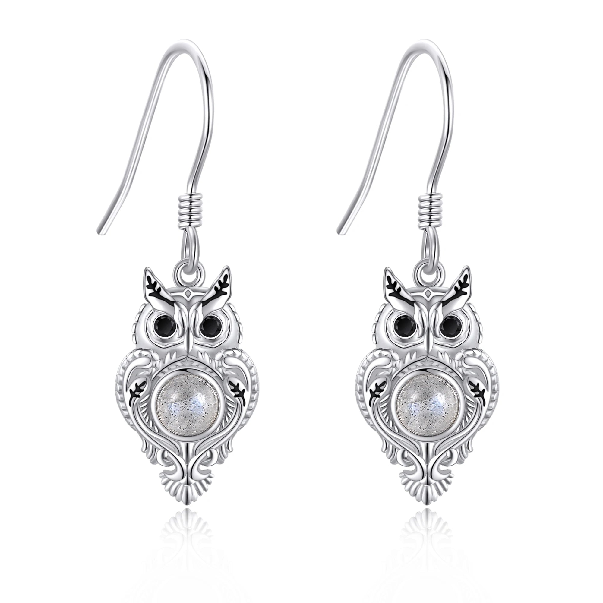 Fine Jewelry 925 Sterling Silver Round Natural Stone Owl Hook Earrings for Women