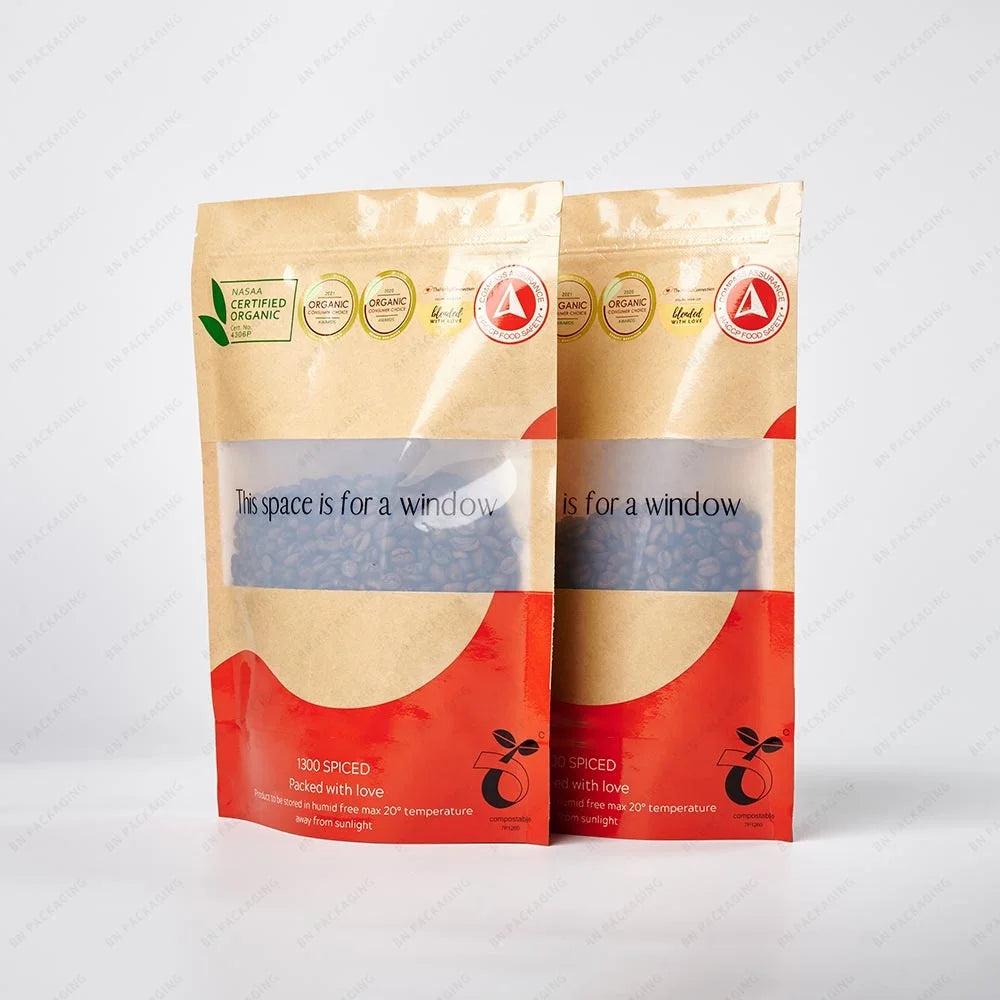 Food Grade Tea Snacks Biodegradable Doybag Wholesale Matte Kraft Paper Bag for Coffee