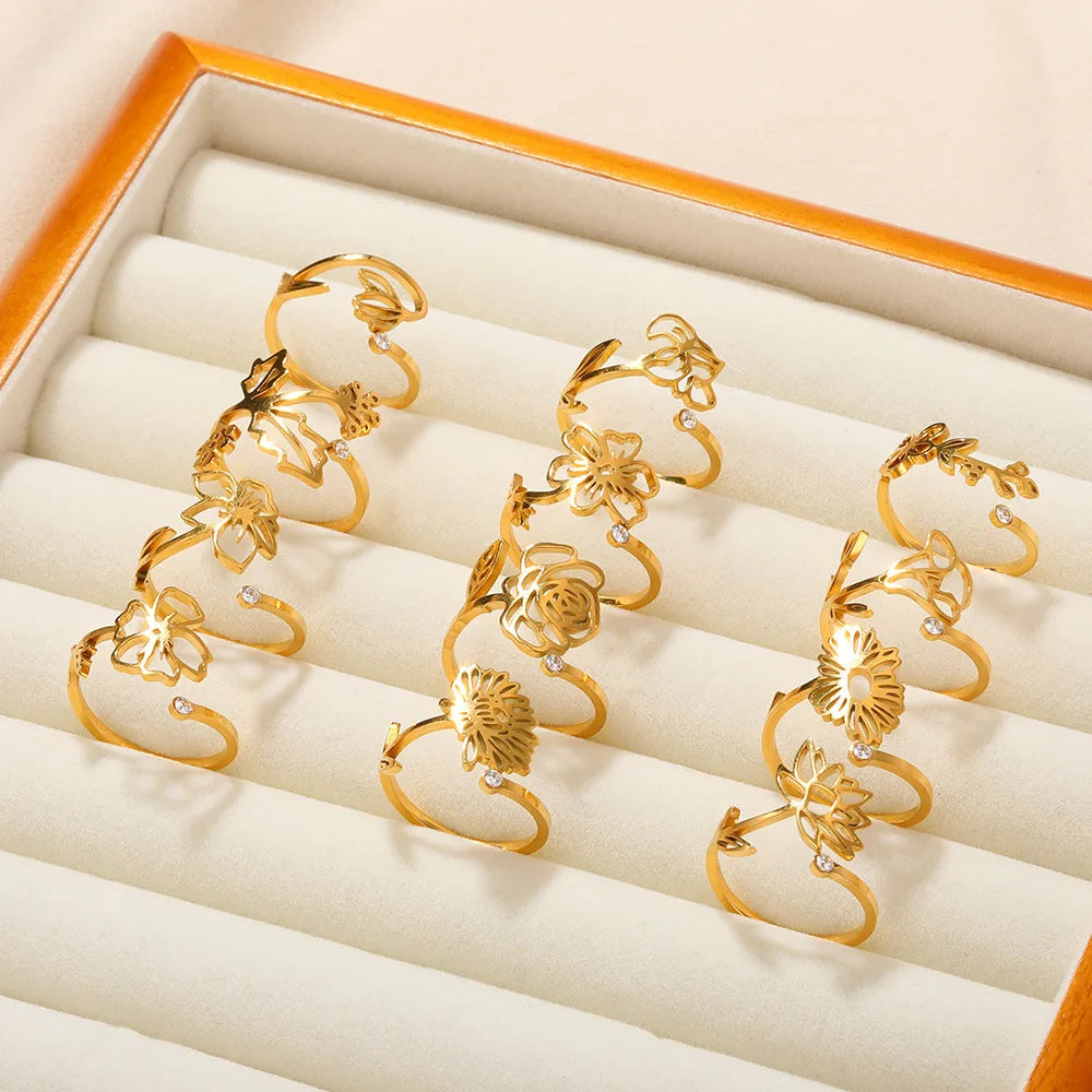 Non Tarnish Cheap Minimalist Jewelry Women'S Gold Birth Flower Zirconia Stainless Steel Waterproof Fashion Rings