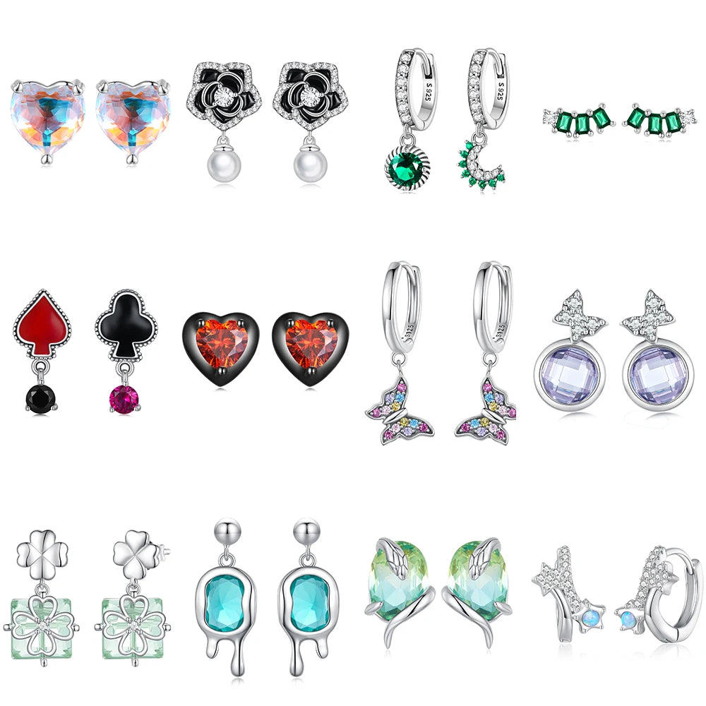 Gothic 925 Silver Earrings - Black Rose Heart & Snake Butterfly Design Cute Bear Crystal Boho Studs Earrings for Women