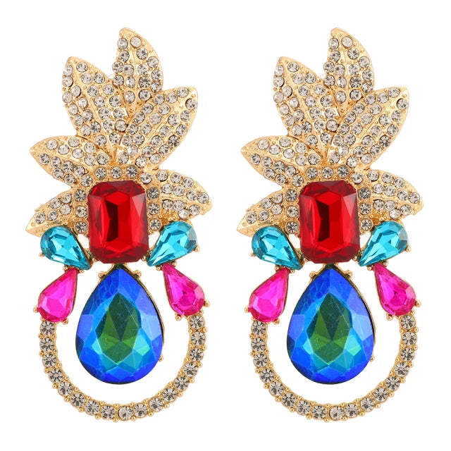 2022 New 6 Colors Fashion Leaves Shape Big Crystal Earrings for Women Fashion Accessories Gold Dangle Statement Earrings Women