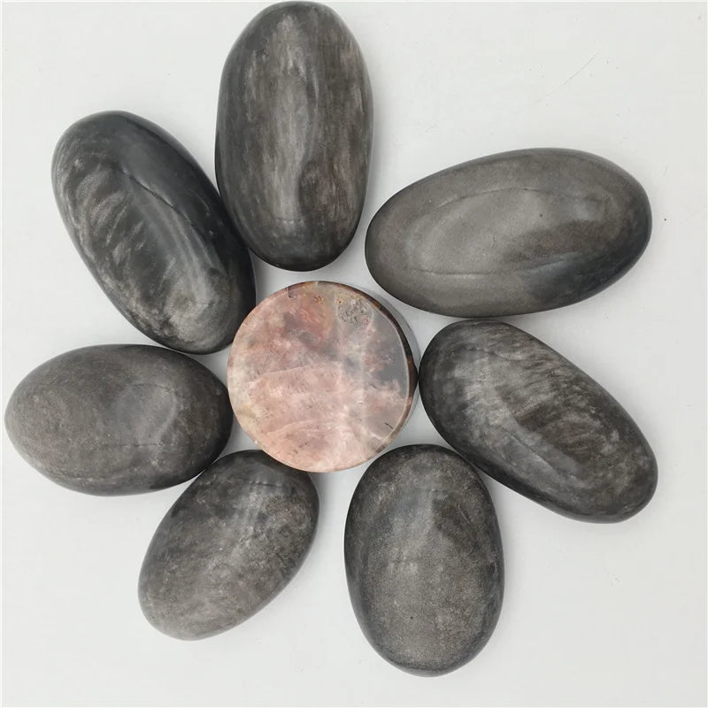 Wholesale Natural Polished Silver Obsidian Palm Stone  Crystal  Shiny Silver Obsidian Tumbled Stone for Healing Decoration