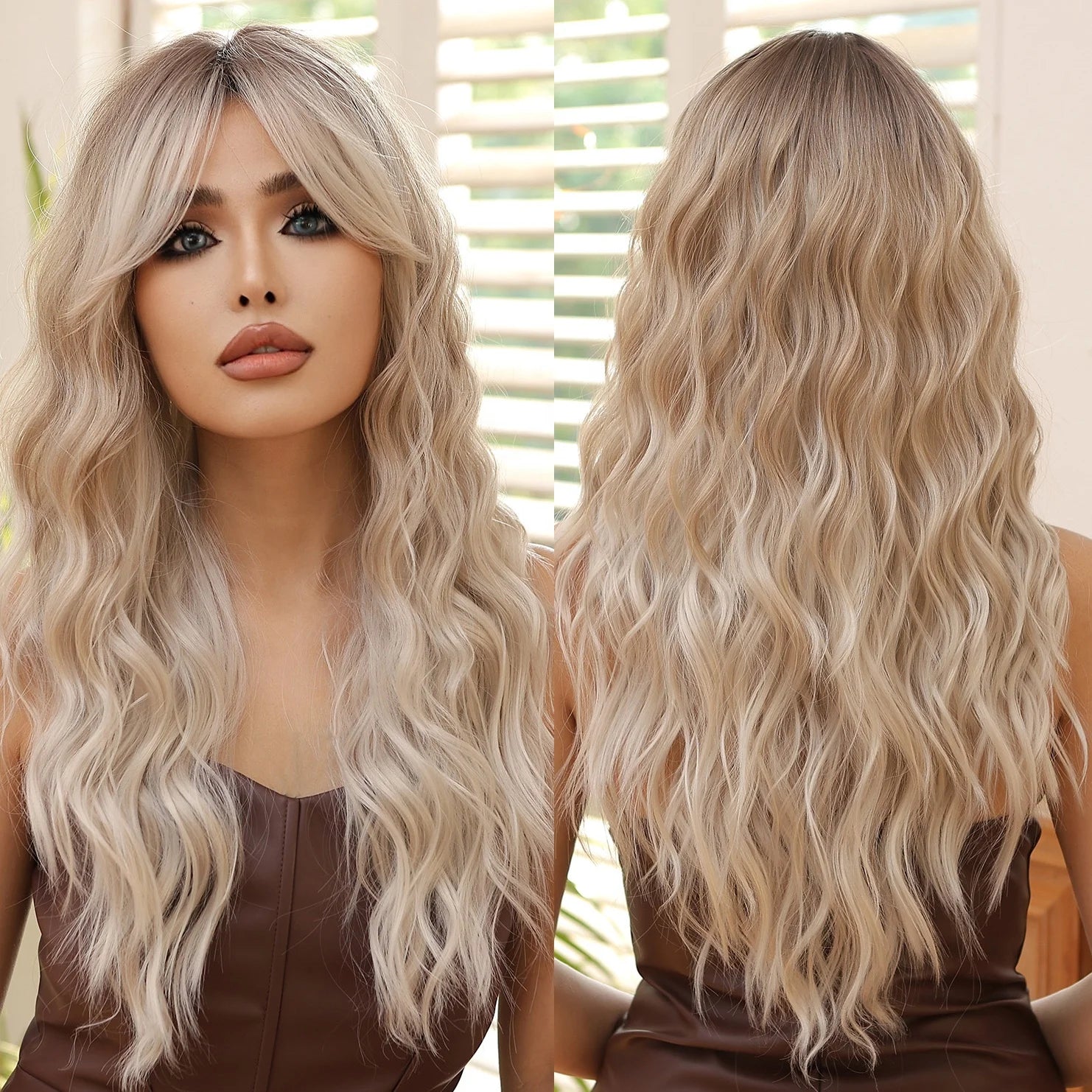 Matte Synthetic Fiber Curly Hair Women's Wig Light Brown Gold Striped Long Bangs Artificial Hair Rose Mesh Wig