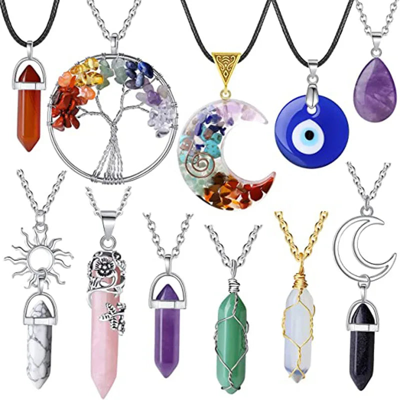 Crystal Necklaces Handmade Natural Gemstone Devil Eye Jewelry Amethyst Rose Quartz Obsidian Pendant Necklace Sets