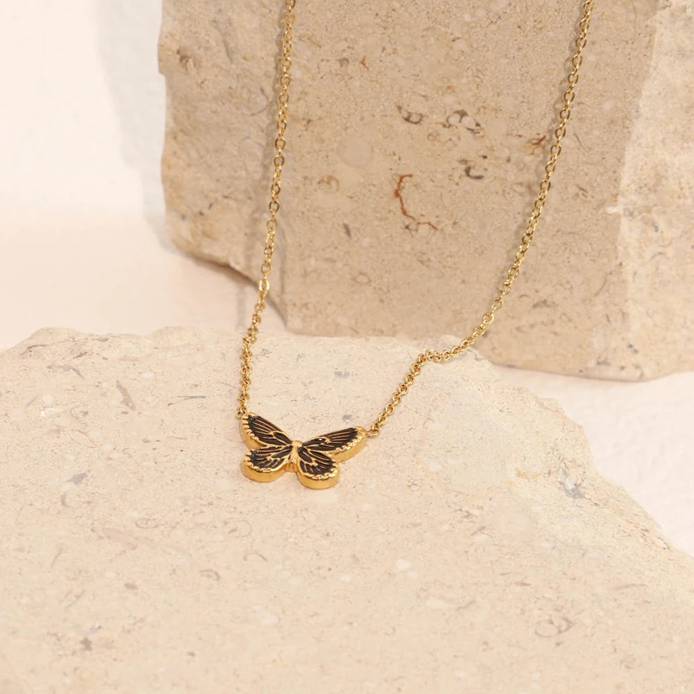 Chris April Non Tarnish PVD Plated 316L Stainless Steel Enamel Hand Craft butterfly Pendant Charm Necklace