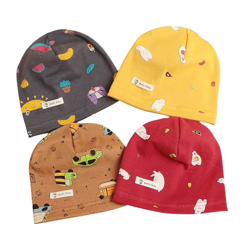 Factory Wholesale Baby Winter Warm Windproof Cotton Beanie Cartoon Printed Dome Wrap Ears Design Unisex Hat for Newborn