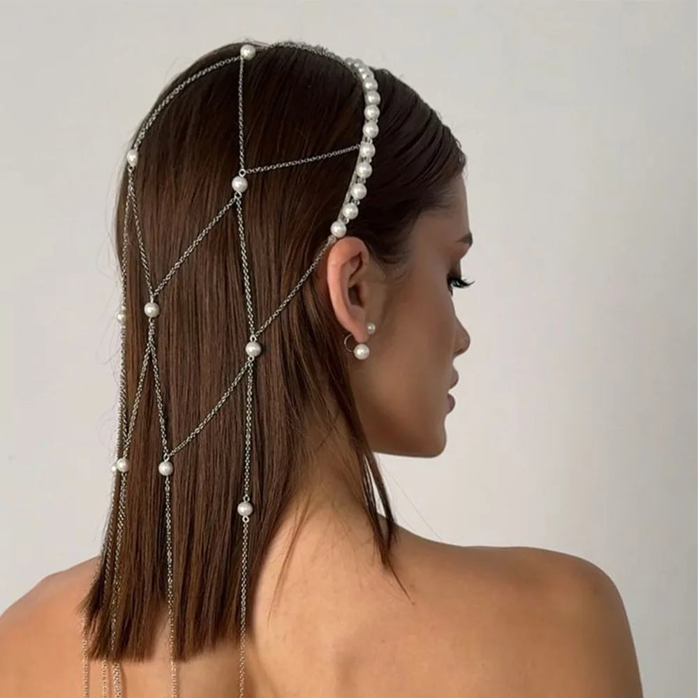 Pearl Tassel Hair Band Long Tassel Chain HeadPieces Mesh Headwear Women's Headband