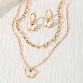 VKME Fashion White Butterfly Necklace Earrings Jewelry Set for Women Jewelry