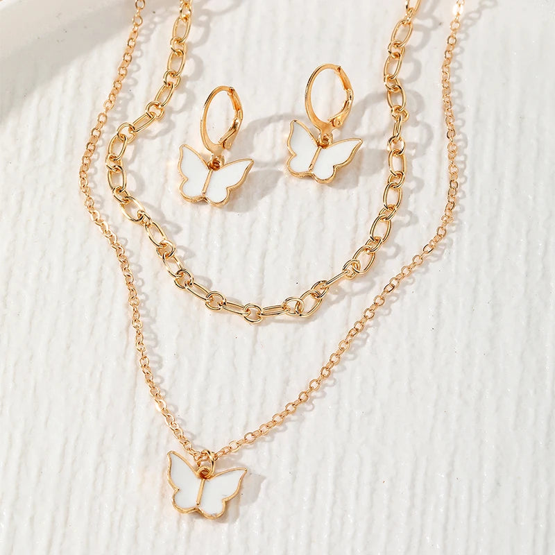 VKME Fashion White Butterfly Necklace Earrings Jewelry Set for Women Jewelry