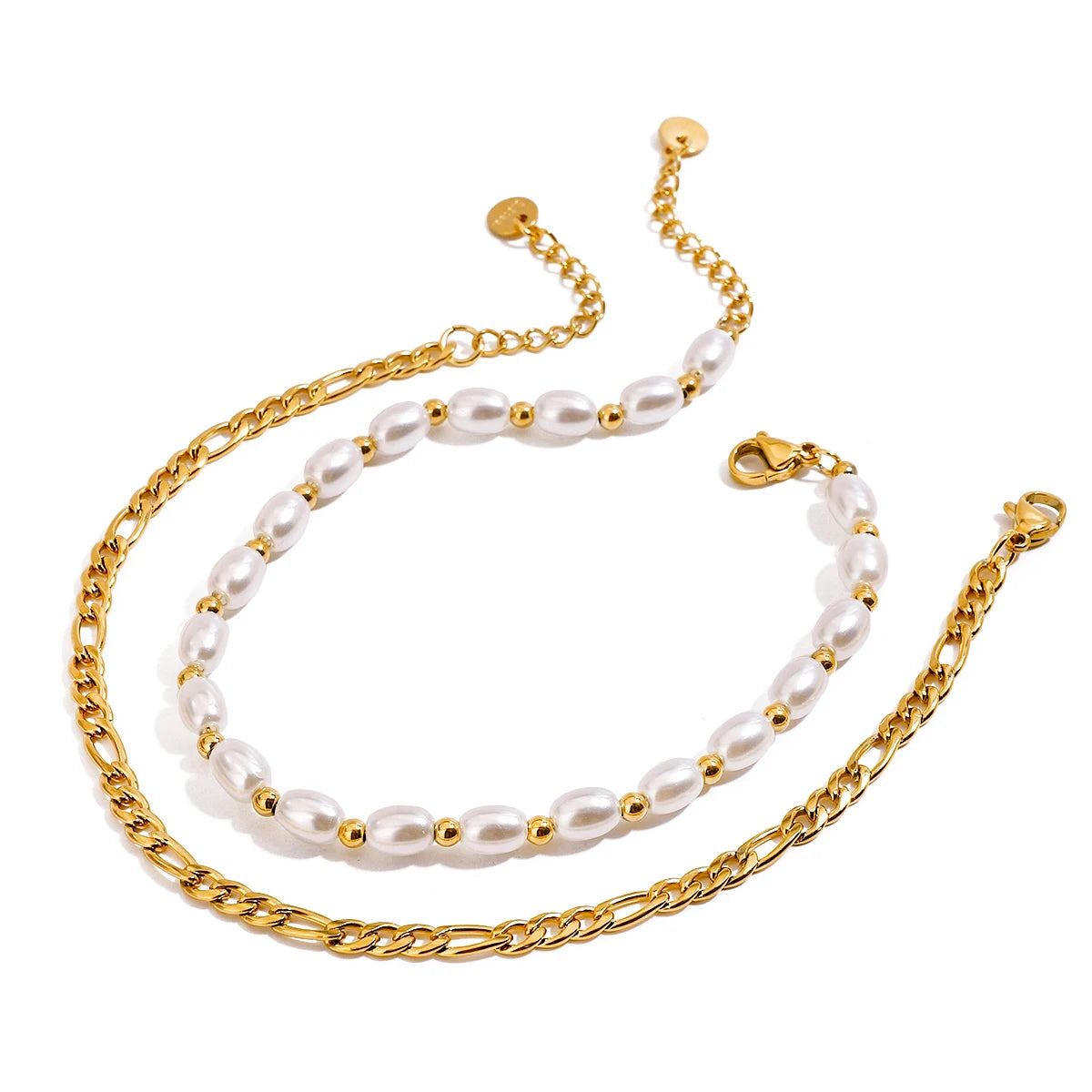 J&D 18K PVD Gold Plating New Arrival Stainless Steel Beach Jewelry Two Layers Figro Chain White Glass Pearl Anklet