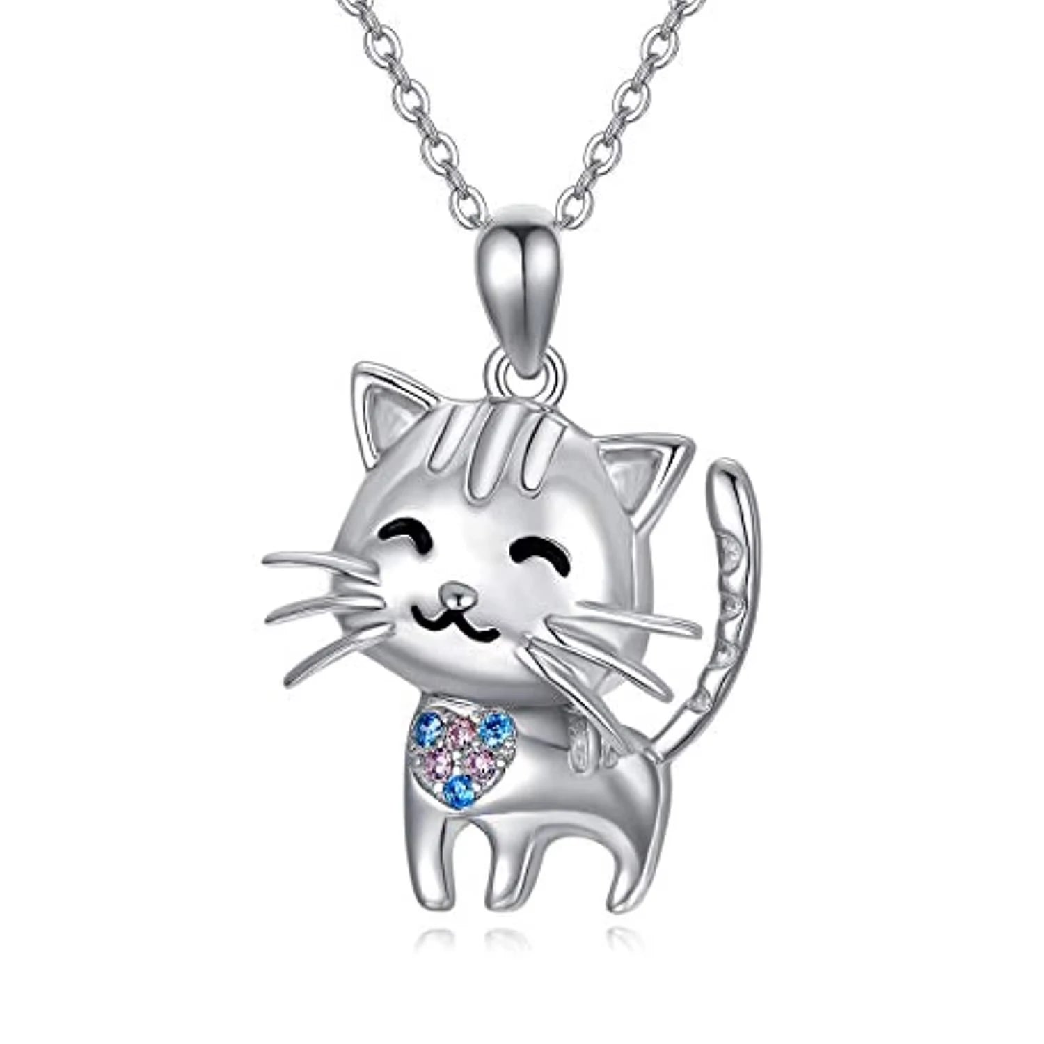 Fine Jewelry 925 Sterling Silver Rhodium Plated Cubic Zircon Cute Pet Cat Necklace