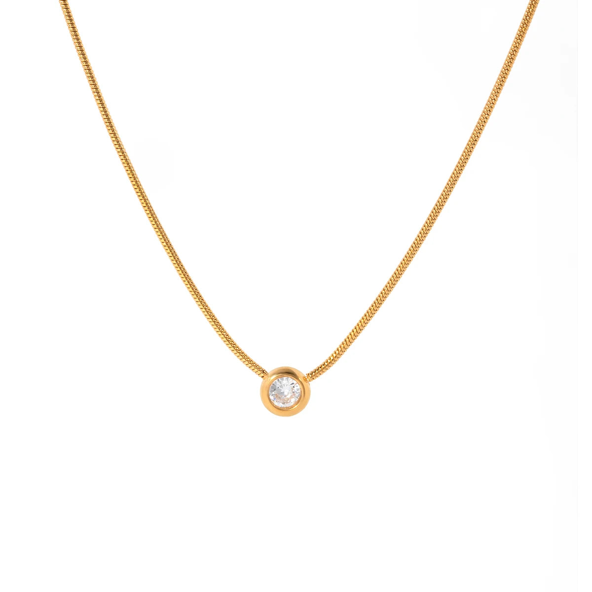 J&D Jewelry Dainty Style Stainless Steel Snake Chain Circle CZ Zirconia Pendant Necklace for Women