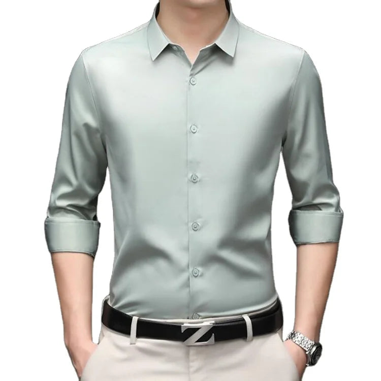 Fashion Mens Shirts Green Smooth Satin Claret Wedding Silk Dress Shirts Classic Satin Work Shirts Mens Clothing