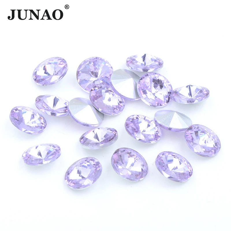 JUNAO 8mm-18mm Fancy Diamond Strass Round Rivoli Crystals Light Amethyst Pointback Glass Rhinestone for Dresses