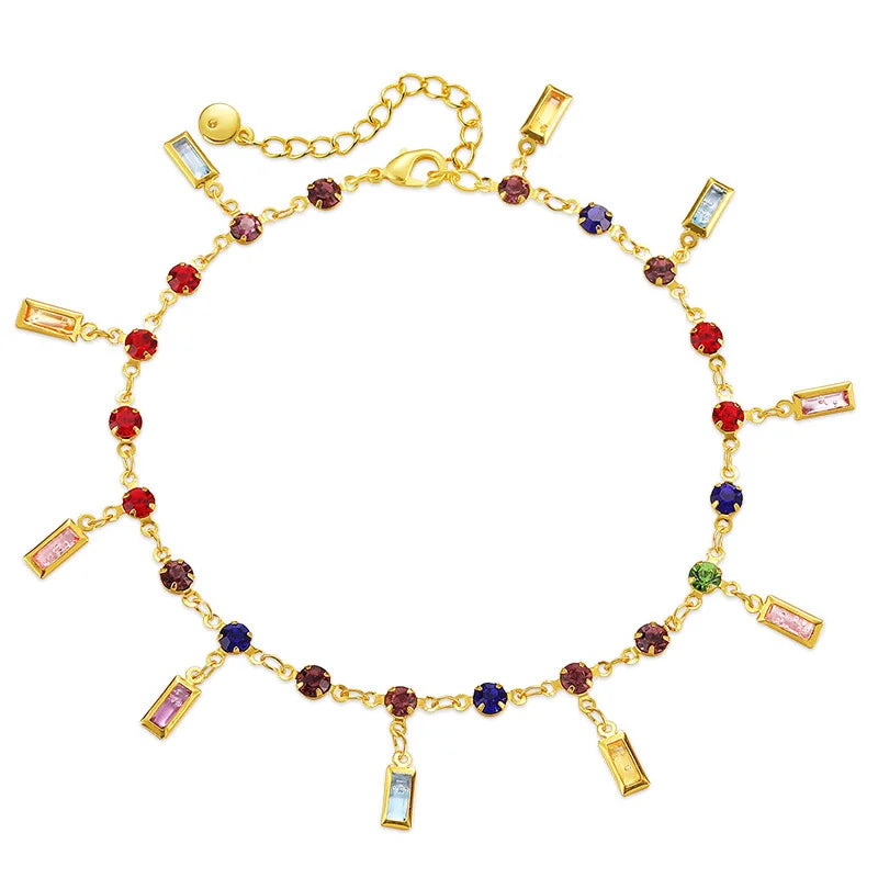 Hot Rainbow Rhinestone Foot Chain Anklets Colorful Square Crystal Chain Link Anklet