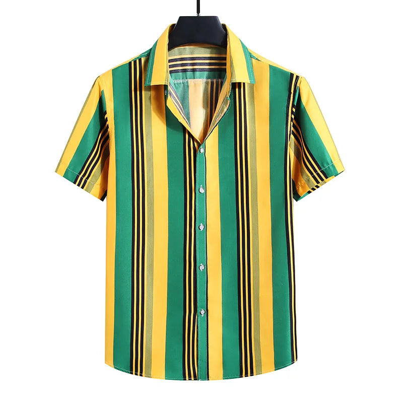 RNSHANGER Fashion Mens Shirt Summer Vertical Mixed Stripes Button-Up Men's Clothing Casual Short Sleeved Loose Shirts for Men