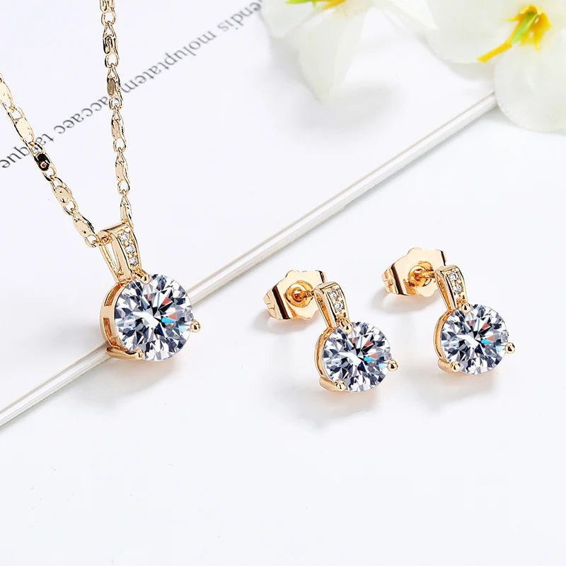Top Selling Jewelry 2023 USA Round Cubic Zircon Bridal Necklace Stud Earring Sets 3 Pieces 18k Gold Plated Jewelry Set