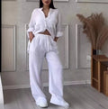 2024 European and American Women's Casual  Solid Color Shirt Drawstring Wide Leg Pants Set