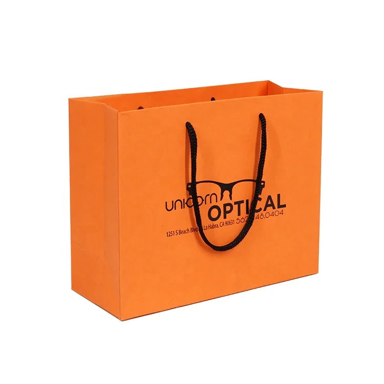 China Luxury Jewelry Eyewear Shopping Gift Orange Package Handle Paper Bag With Black Metallic Logo