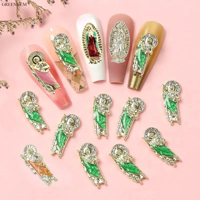 2025 New Products Virgin Mary  3D Nail Alloy Art Chinese Guanyin Buddha Painted Gold Silver Nail Charms
