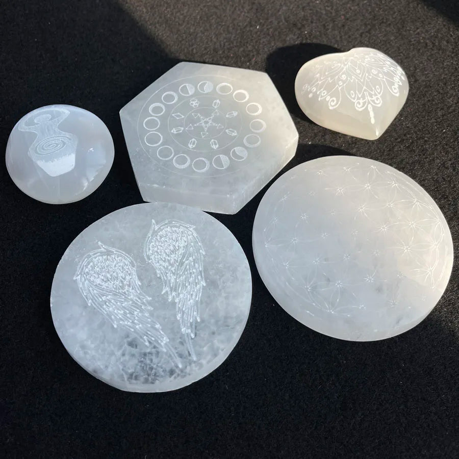 Customized Natural Selenite Heart Selenite Slab Engraved With Goddess