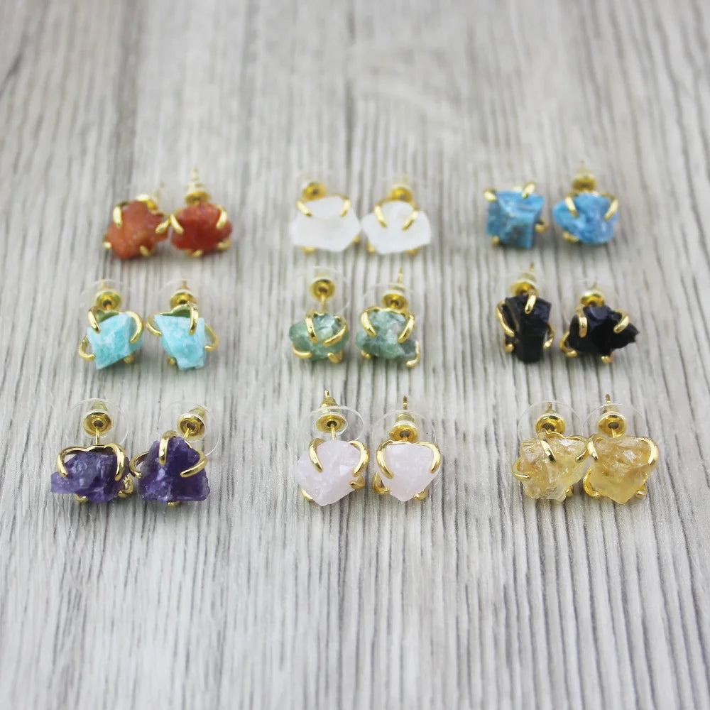 Zooying Fashion Earring Raw Natural Stone Gemstone Healing Crystal Stud Gold Filled Fine Studs Earrings Fashion Jewelry