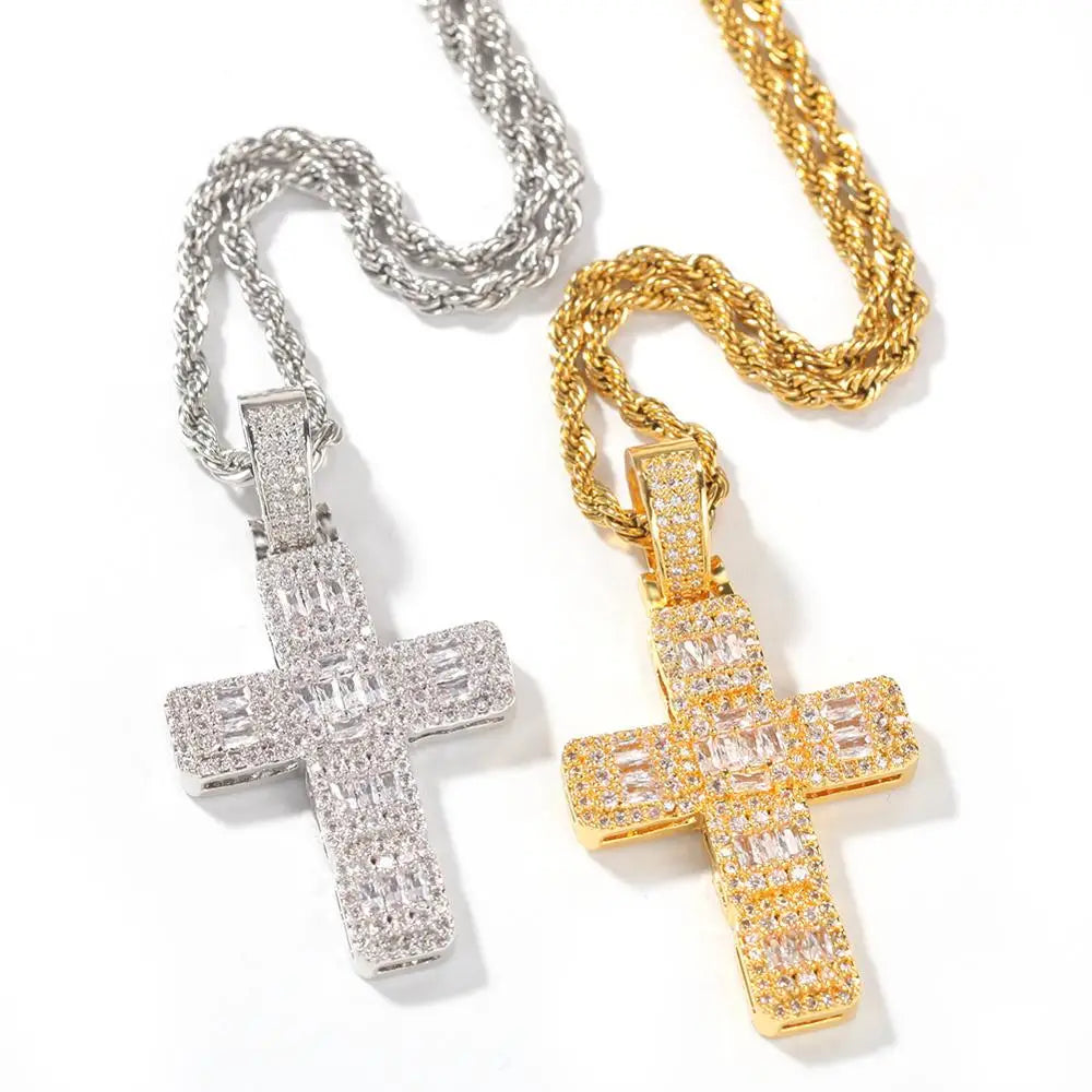 Hiphop 18K Gold Male Female  Baguette CZ Diamond Zirconia Cross Pendant Necklace Men Jewelry