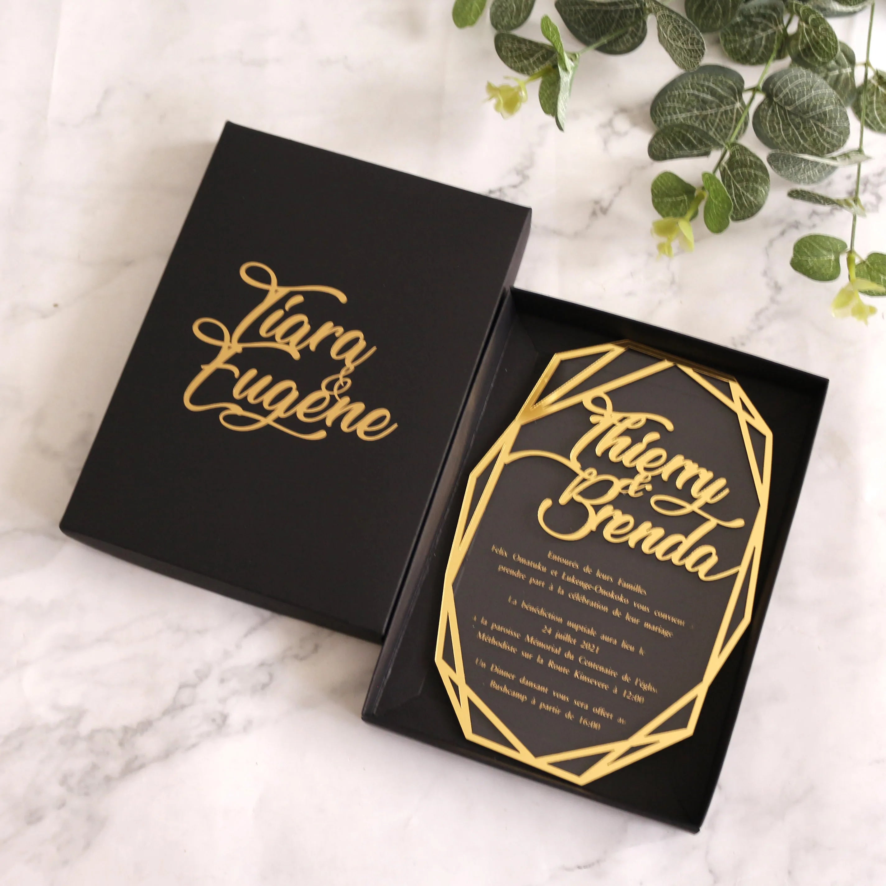 1 C Foil Clear Acrylic Wedding Invitation  With Names in Gold Mirror Matching  Paper Box