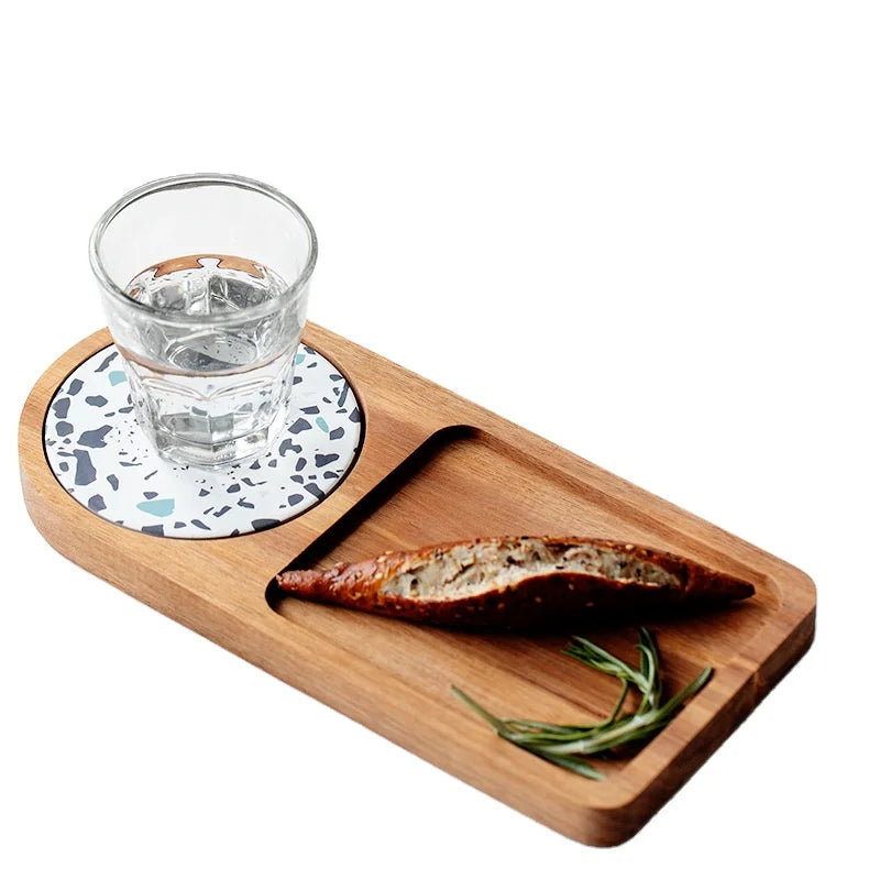 Individual Acacia Wood Serving Tray Wooden Tray Plate for Breakfast With Removable Diatomite coaster