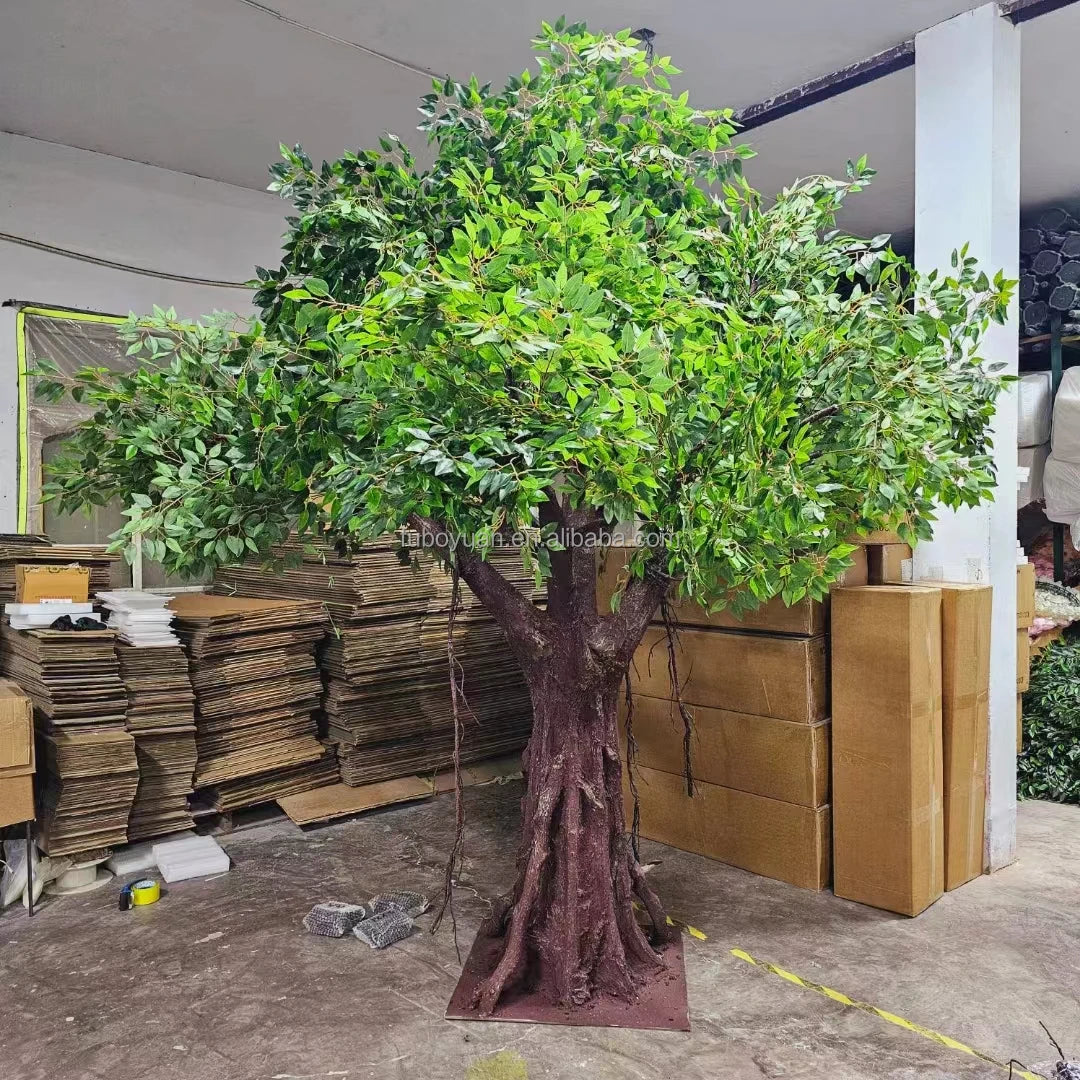 E- Outdoor Decorative Artificial Banyan Leaf Trees Big Large Artificial Bonsai Banyan Trees Fake Faux Green Ficus Plant