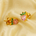 Cute Fruit Earrings Design Stainless Steel 18K Gold Plated Pink Zirconia Inlaid Strawberry Stud Earrings for Girls Jewelry