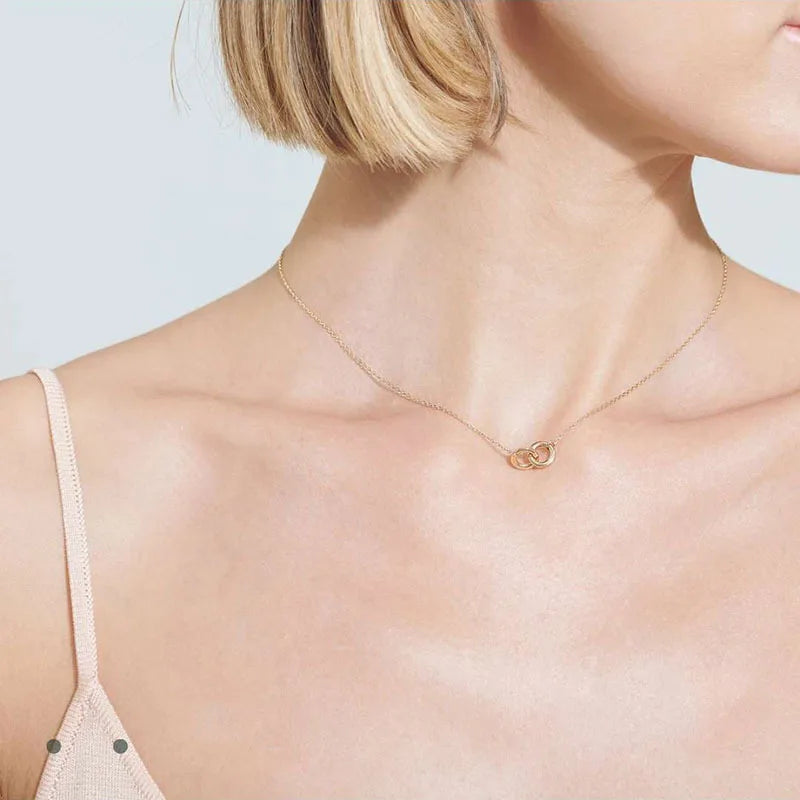 Joolim Jewelry Gold Plated Double Ring Pendant Choker Necklace Stainless Steel Jewelry Wholesale
