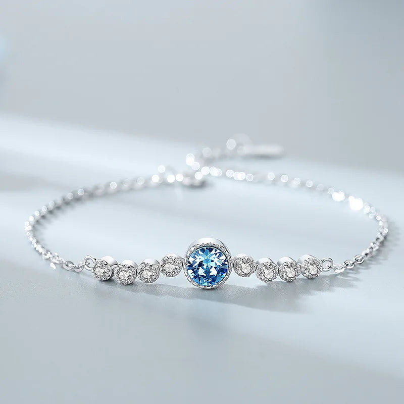 S925 Sterling Silver Blue & Red Crystal Charm BraceletGirls Best Gift Sterling Silver Bracelet