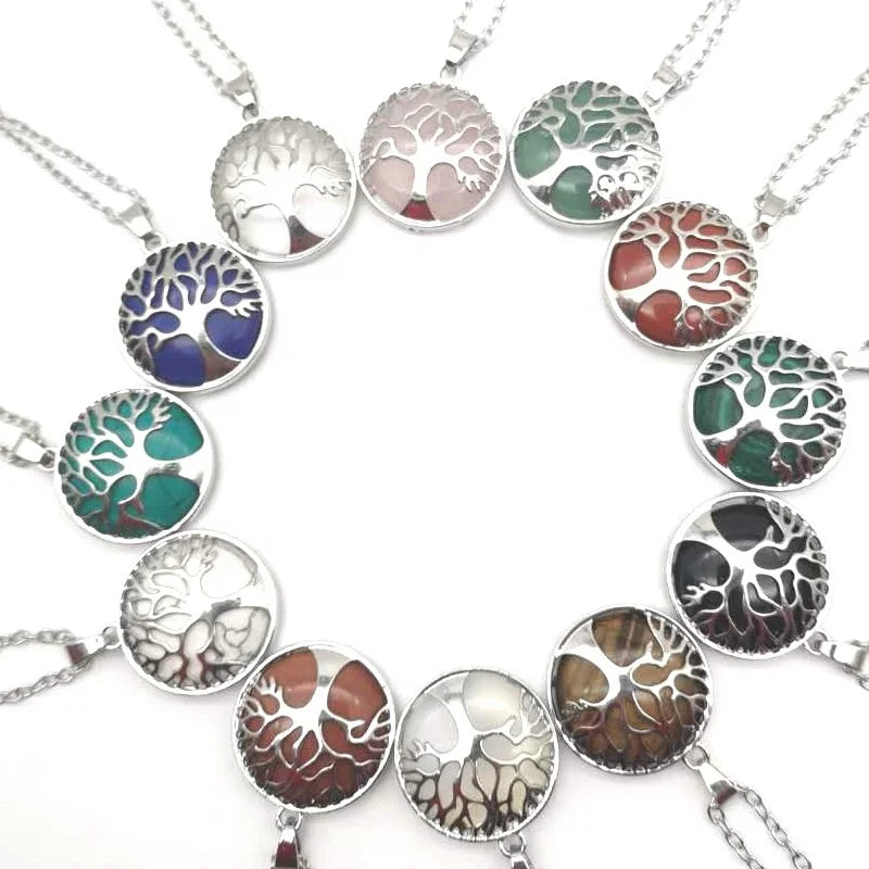 Hot Selling Multicolor Hollow Natural Crystal Quartz Opal Amethyst Gemstone Pendant Round Alloy Tree Life Necklace Pendant