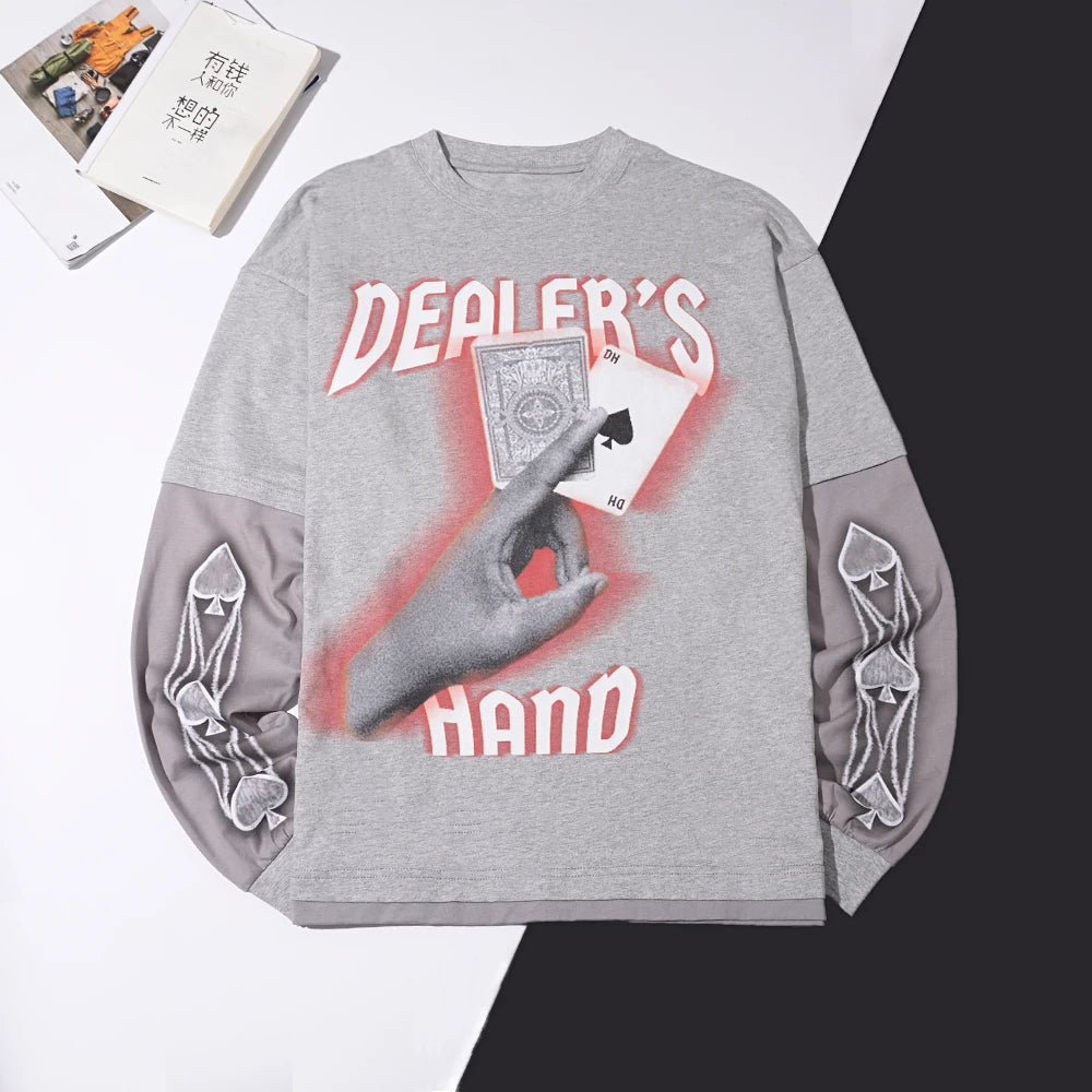 Custom Printing Vintage Oversized Heavyweight Long Sleeve T-shirt Splice Long Sleeve t Shirt Double Layered Long Sleeve t Shirt
