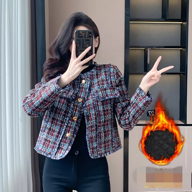 Autumn and Winter New Cotton Clip Thickened Burr Edge Colorful Small Fragrant Coat Women's Round Neck Tassel Plaid Coat