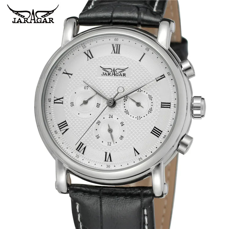 JARAGAR 6908 Branded Guangzhou Men Mechanical Watch Potty Leather Band Water Resist 24 Hour Date Display Automatic Hand Watch