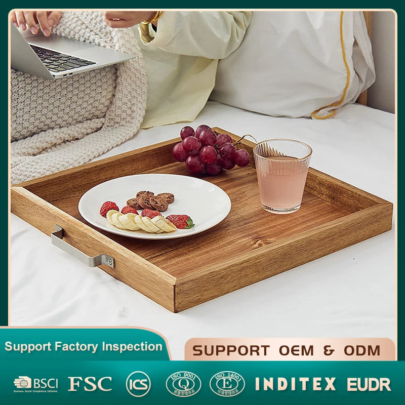 Natural House Acacia Wood Food Serving Tray with Metal Handles for Coffee Table Breakfast for Ottoman Kitchen Bedroom