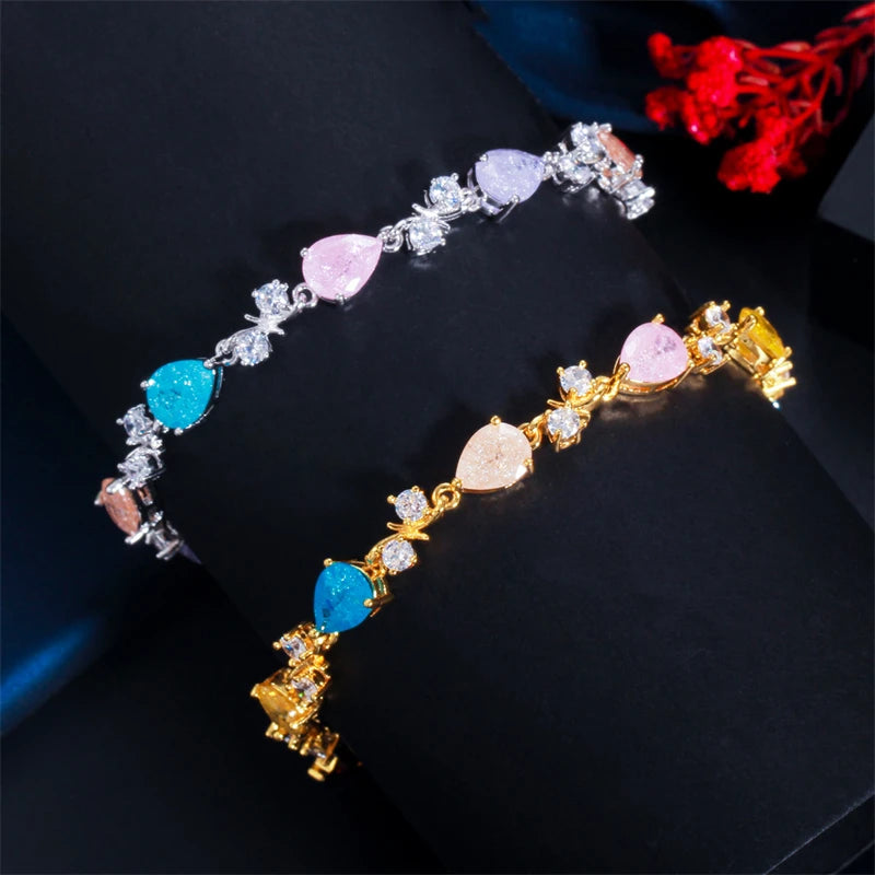 Lovely Candy Color Water Drop Cubic Zirconia Tennis Chain Bracelet for Girls Friendship Bracelet Party Prom Dainty Jewelry Gift