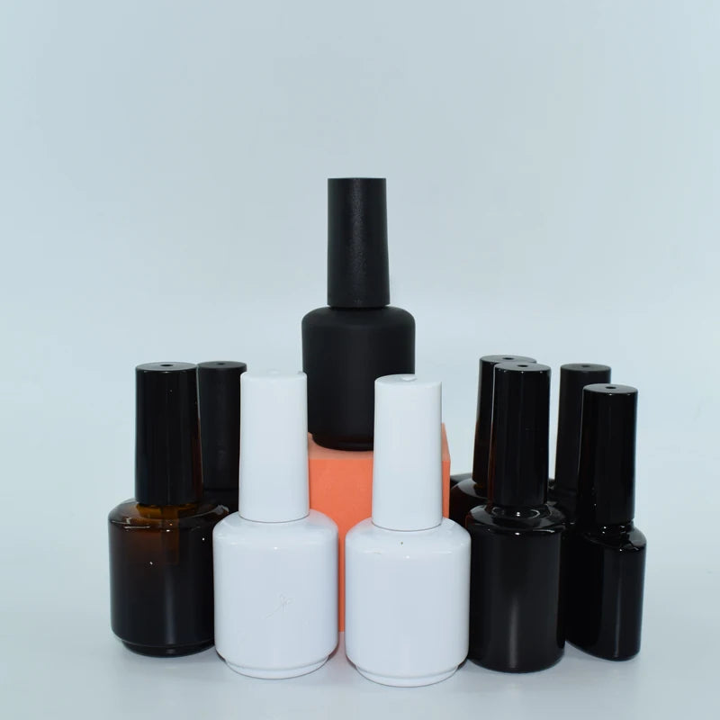 In Stock Glass Nail Polish Empty Bottle 15ml 8ml Cylinder Black UV Gel Storage Container with Brush Screw Caps Packaging