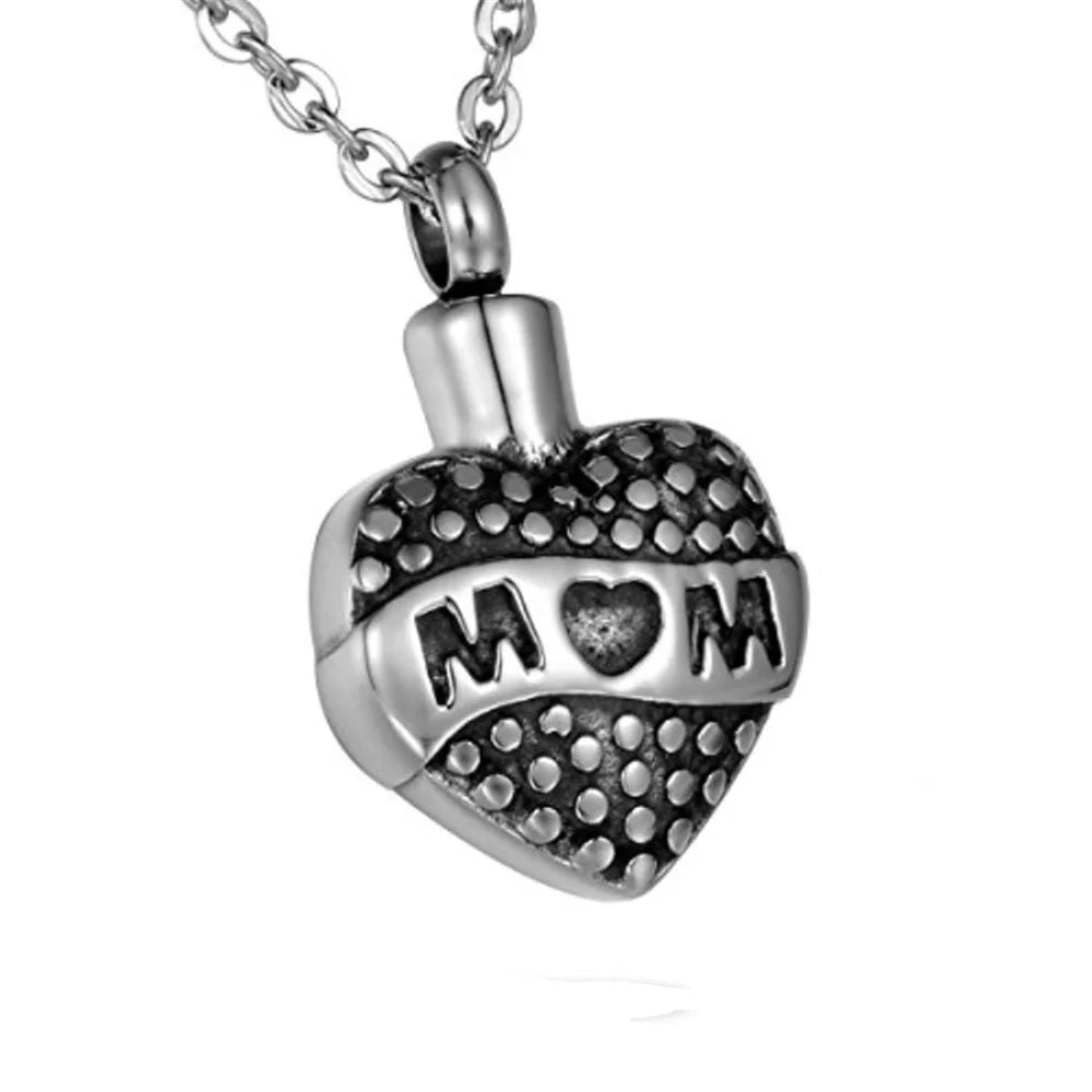 Vintage Mom Memorial Cremation Ashes Stainless Steel Silver Plated Heart Pendant Necklace Keepsake Locket Jewelry