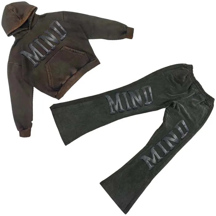 Custom Own logo 100% Cotton Terry Distressing Vintage Acid Wash Hoodie and Flared Sweats Pant Sweat Suit