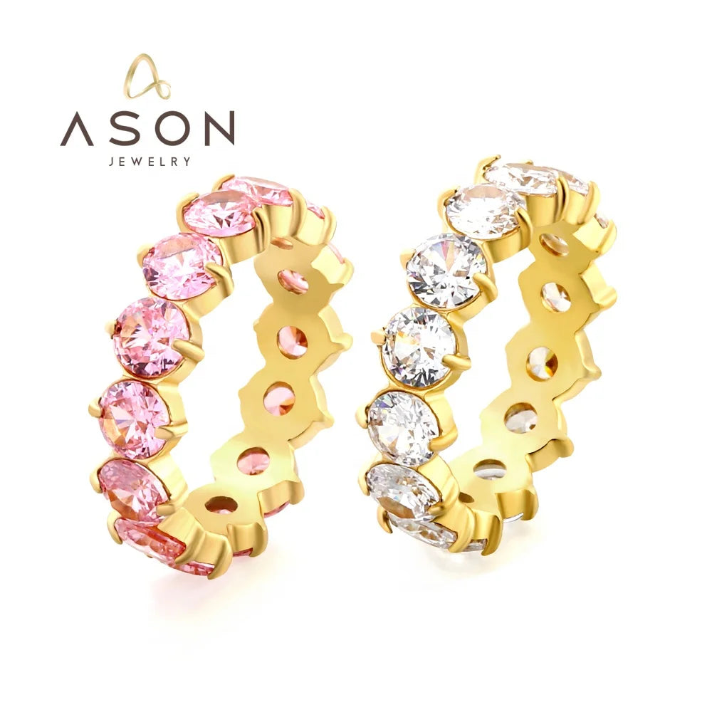 Ason Fashion White pink Color Zirconia Stainless Steel 18k Gold Plated Engagement Diamond Ring Jewelry Wedding Rings for Women