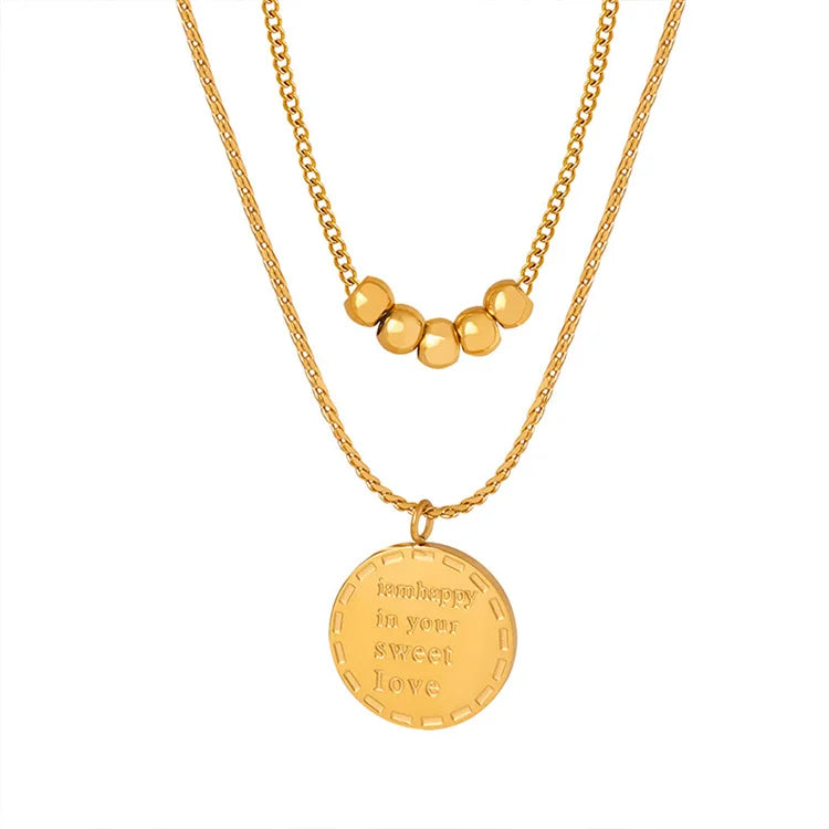 Waterproof Stainless Steel Beads Charm Layer Chain Necklace Letter Round Pendant Necklace