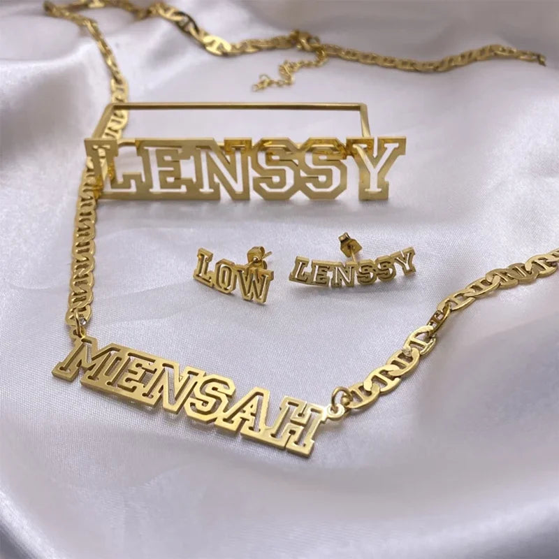 QIUHAN OEM Personalized Name Necklace Ring and Stud Earrings Party Gift Hollow Letter Nameplate Jewelry Set