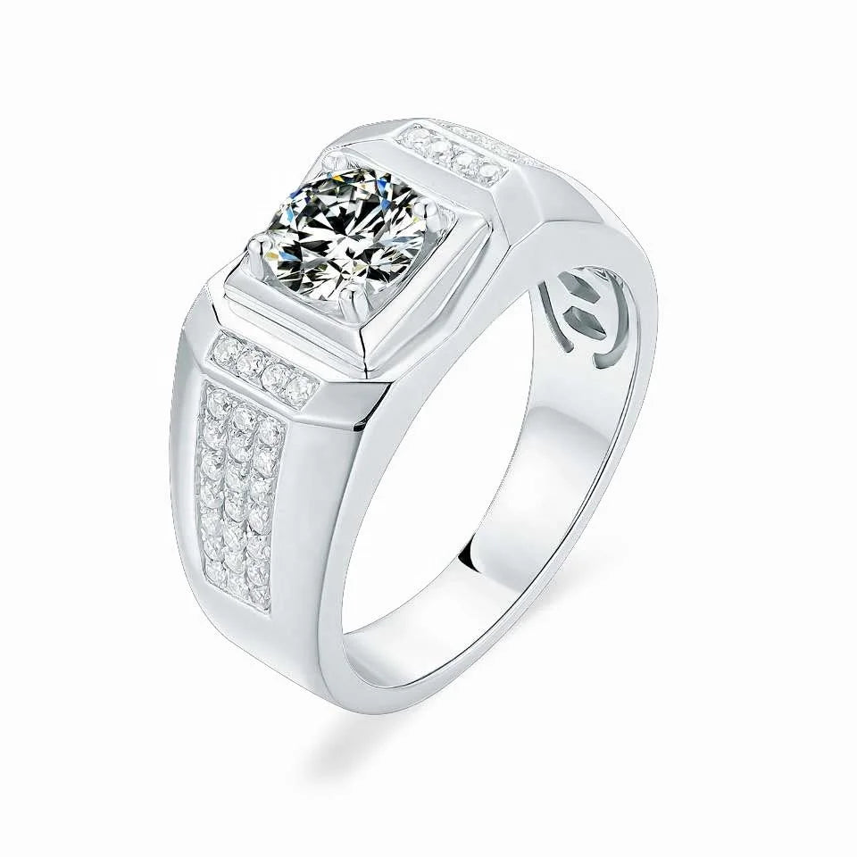 Sterling Silver Gold Plated Round 1Ct D Color VVS Moissanite Diamond Ring for Men