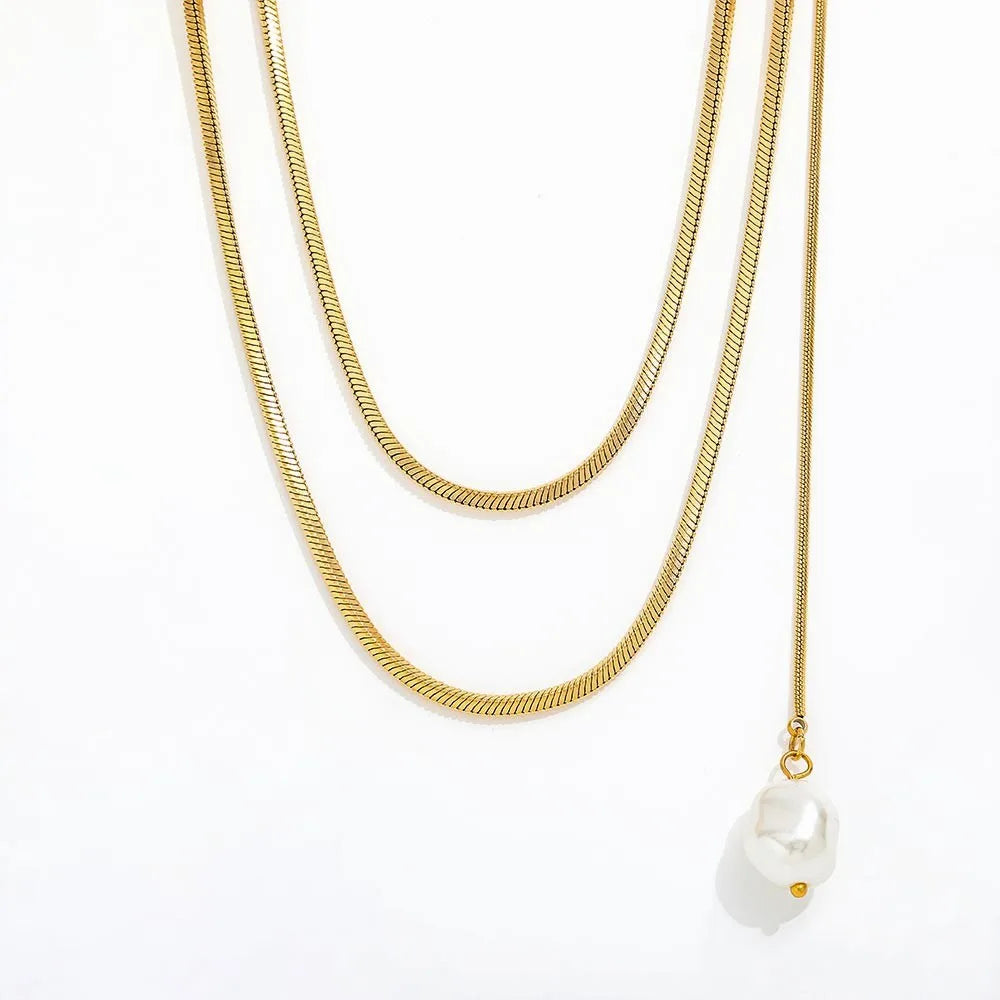 Fenny Wholesale 18K PVD Plated No Fade Simple Double Layered Long Snake Bone Chain Pearl Stainless Steel Necklace Gift for Women
