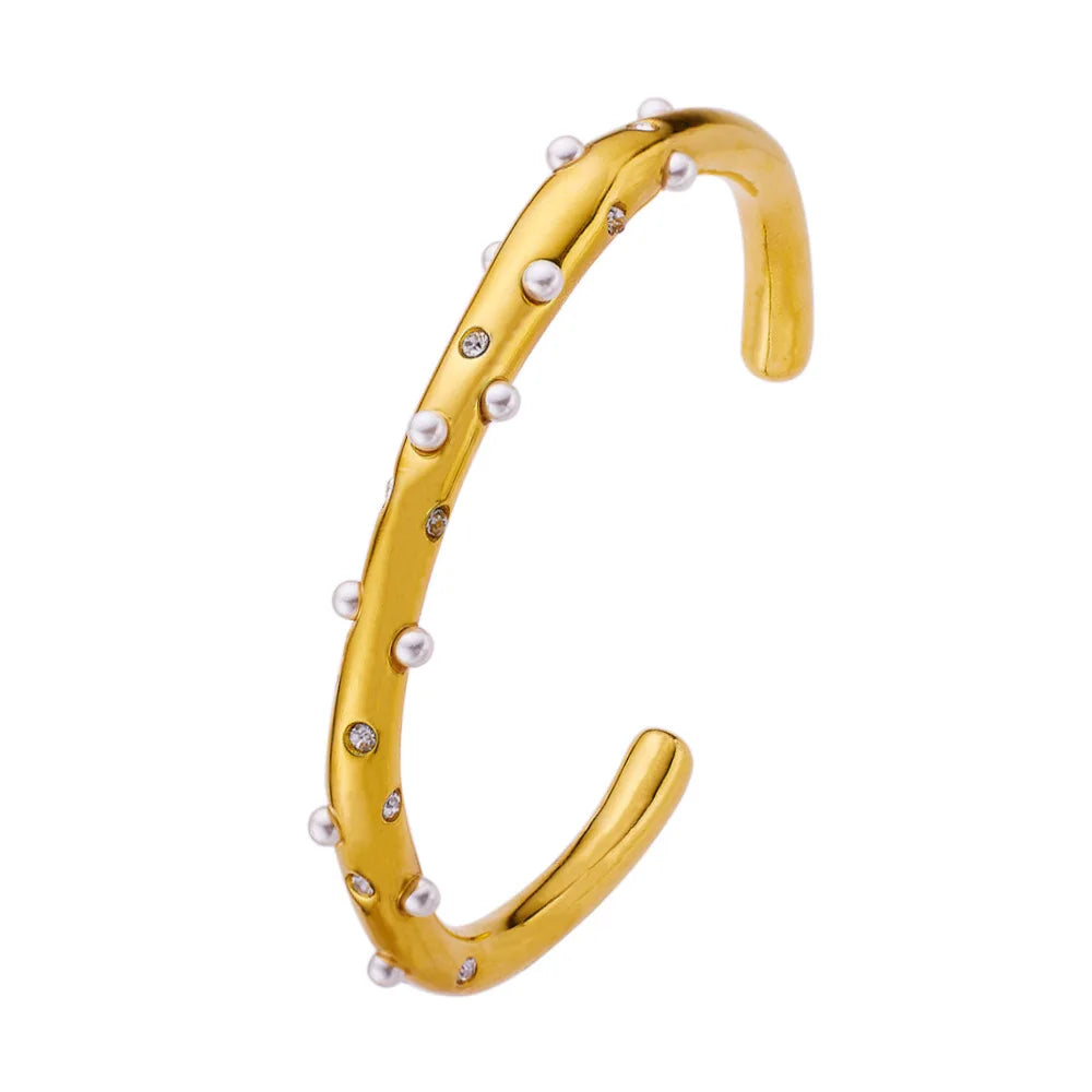 2026 Fashion Jewelry 18k Gold Pearl Zircon Stainless Steel Adjustable Opening Women's Bangle