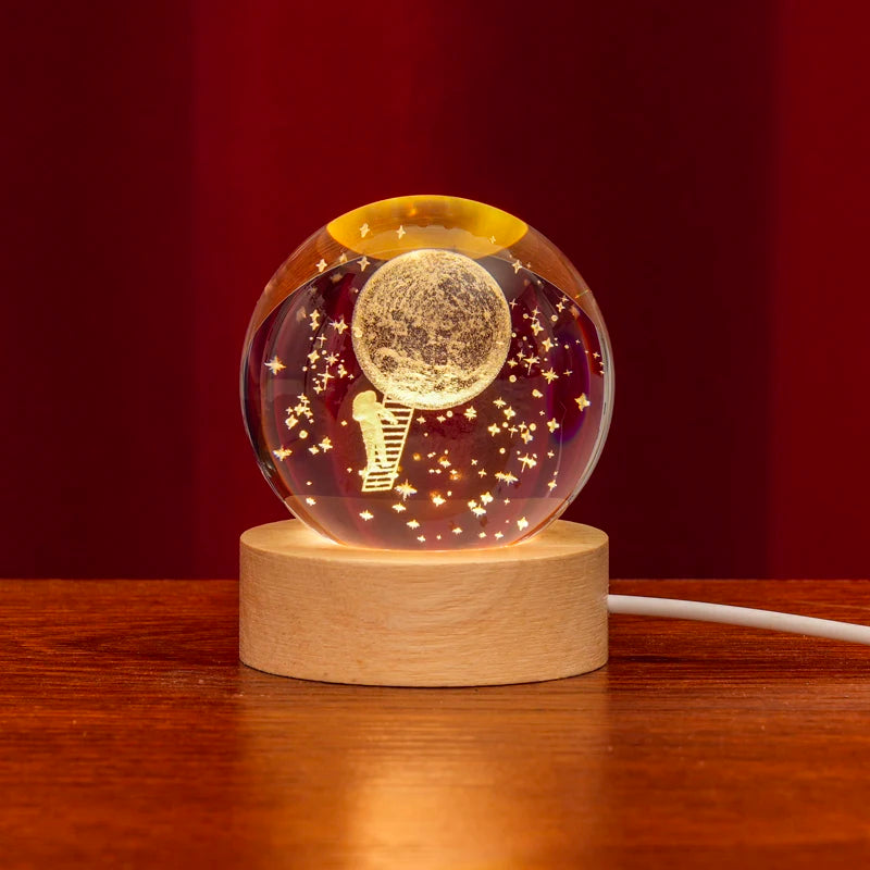 Wholesale Custom Carved 80mm Crystal Glass Ball Wooden LED Light Stand with Galaxy 3D Solar System Gift Ideas
